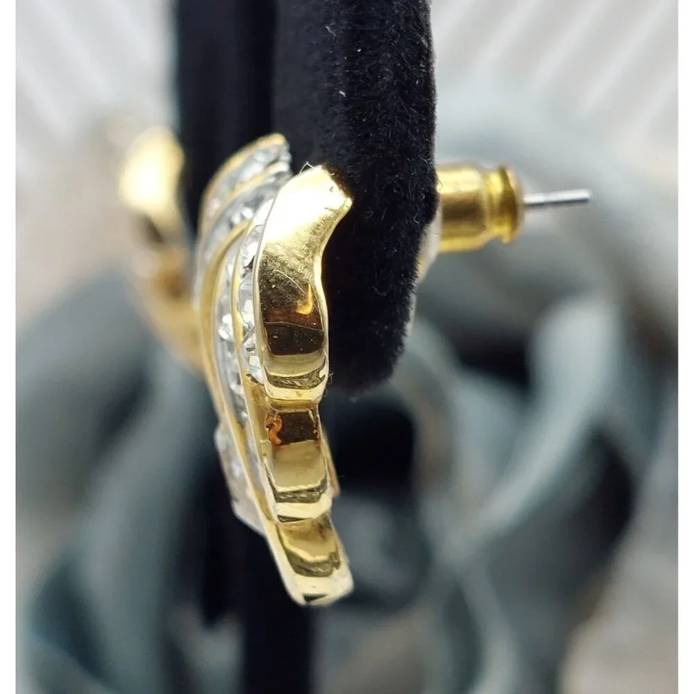 Fancy Gold Tone Pierced Statement Earrings Crystal Accents Pretty 1